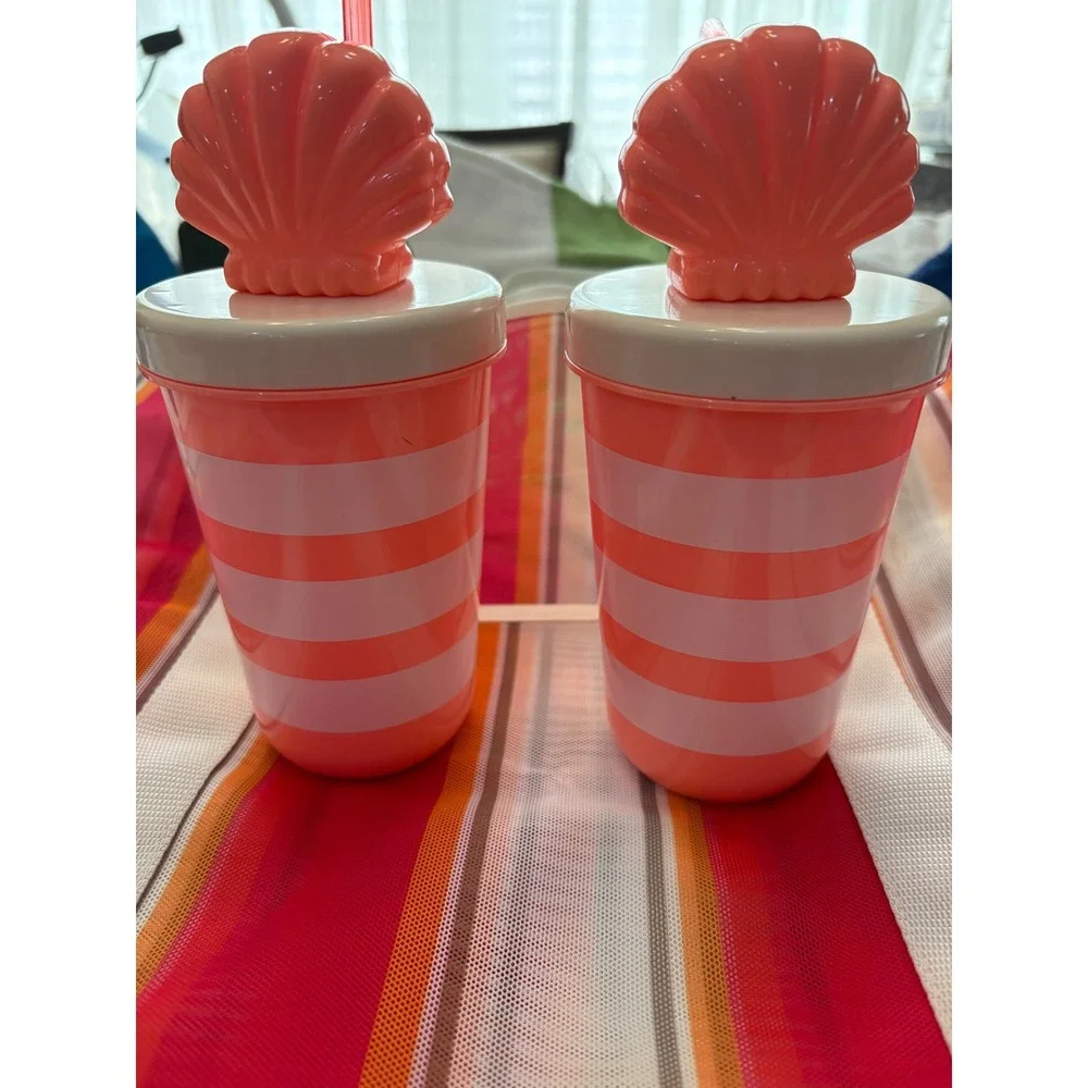 Beach Bundle Mesh Tote Bag, 2 Cabana Striped Towels, 2 Seashell Tumblers